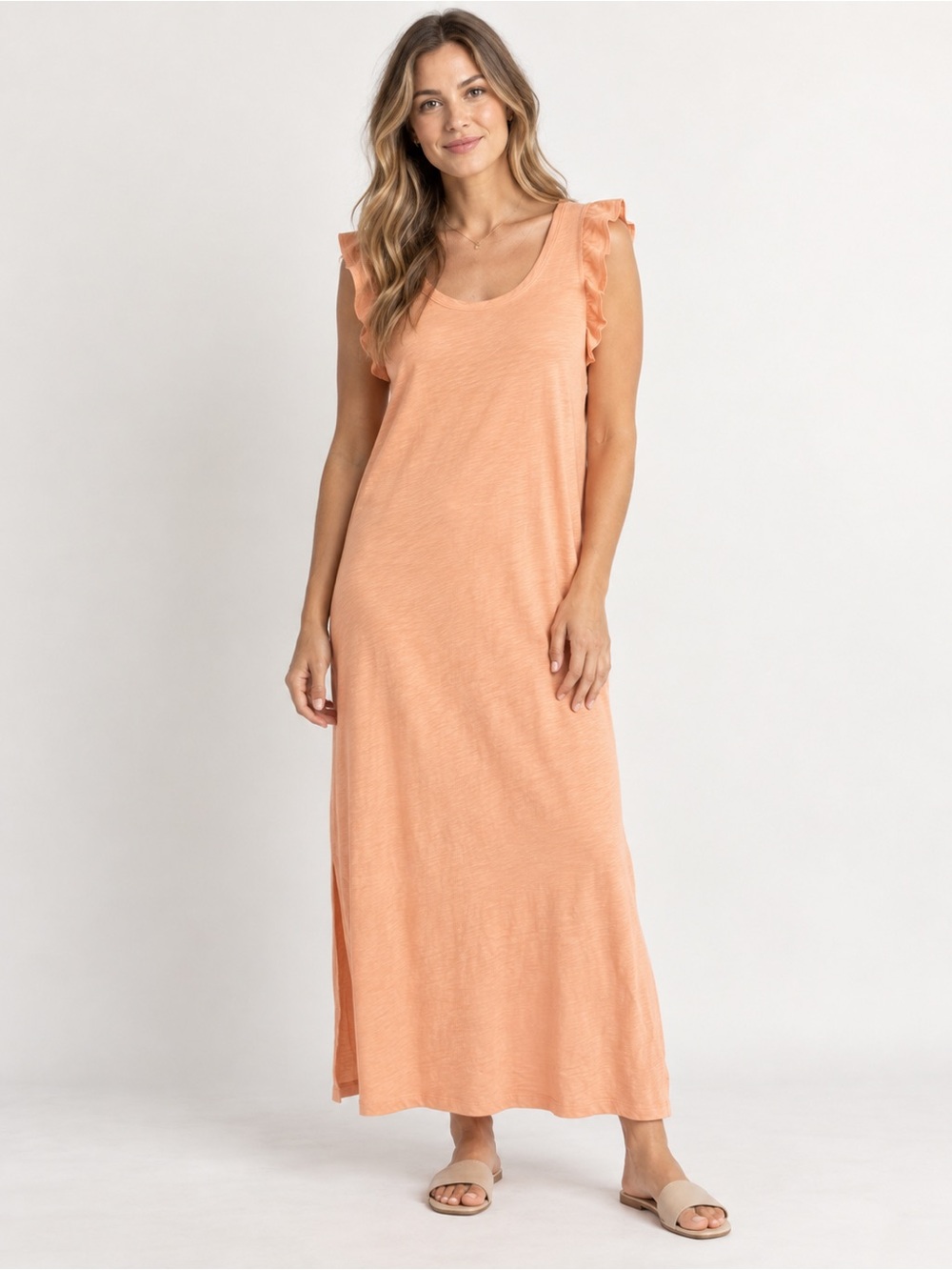 Sleeveless Ruffle Strap Maxi Dress in Peach